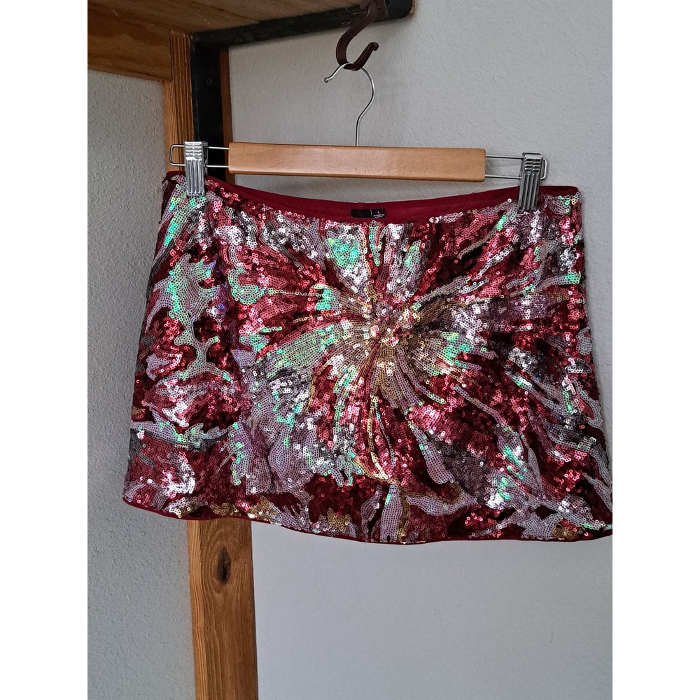 Windsor Red Sequin Floral Mini Skirt Womens Large Iridescent Party Festival Glow